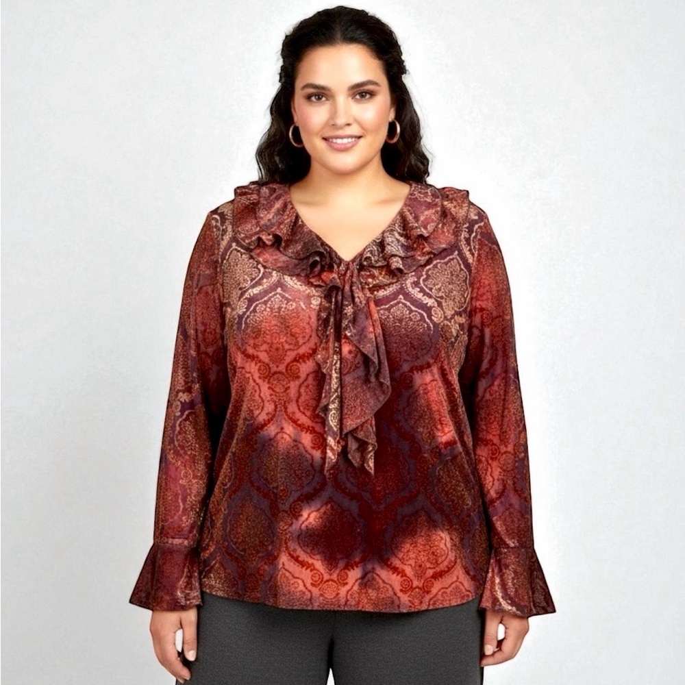 Susan Lawrence Womens Velvet Burnout Top Sheer Metallic Red Gold Whimsygoth‎ 2XL